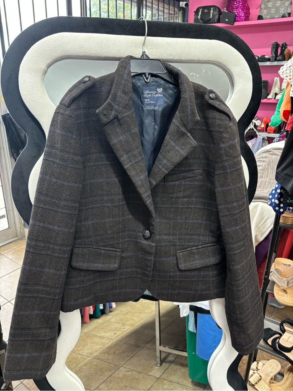 Vintage American Eagle Outfitters Brown Plaid Wool-Blend Blazer